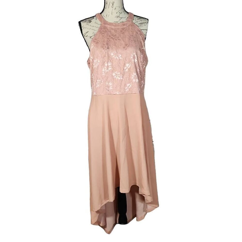 CBbonlinedress Women Size XL Pink High Low Halter Cocktail A-line Lace Dress